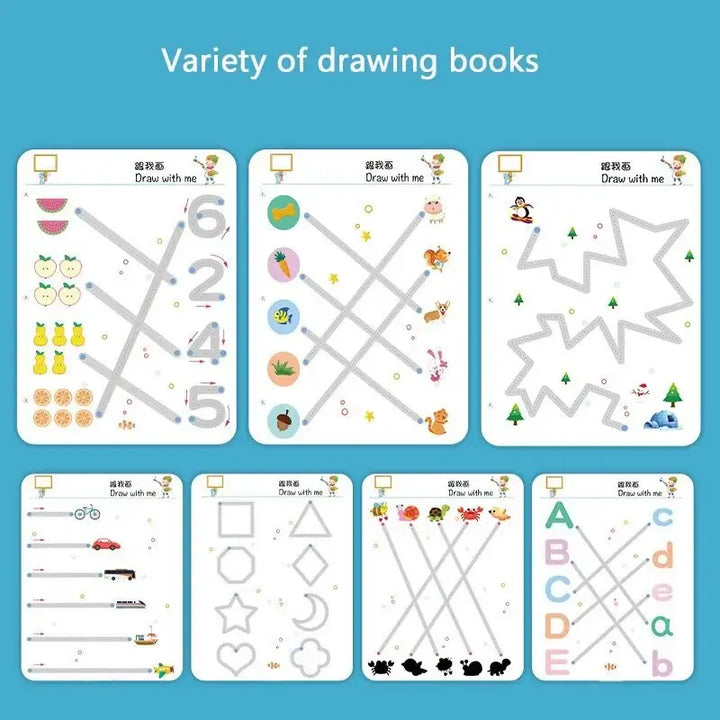Verschiedene Malbücher für Kinder, Lernspielzeug, Formen und Buchstaben, bunt, pädagogisch.
