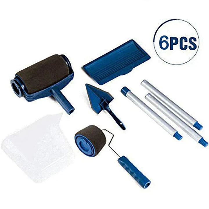 6-teiliges Maler-Set, blaue Farbroller, Pinsel, Verlängerungsstangen, Heimwerkerbedarf.