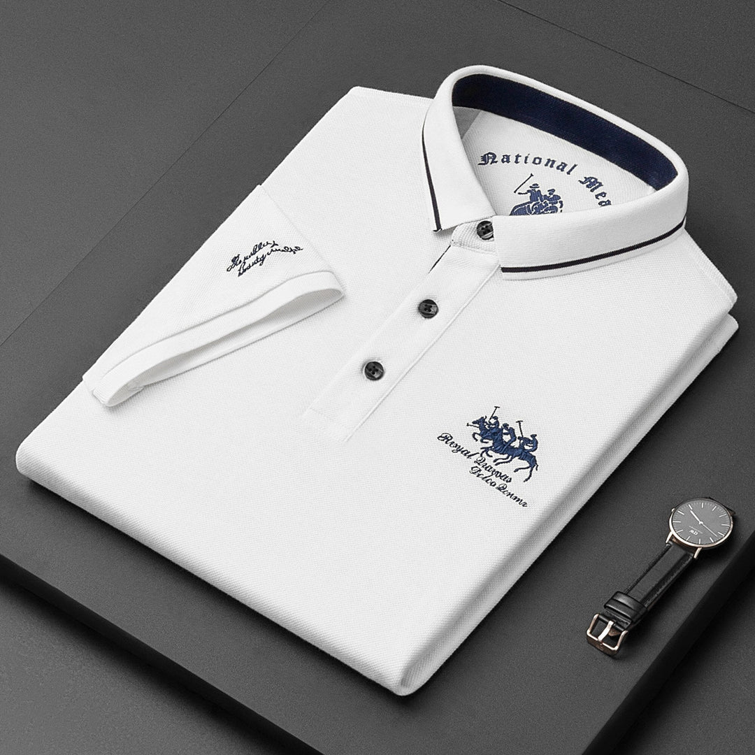 Weiße Herren-Poloshirt mit Stickerei, Baumwolle, elegantes Design, Knopfleiste, Malestique.