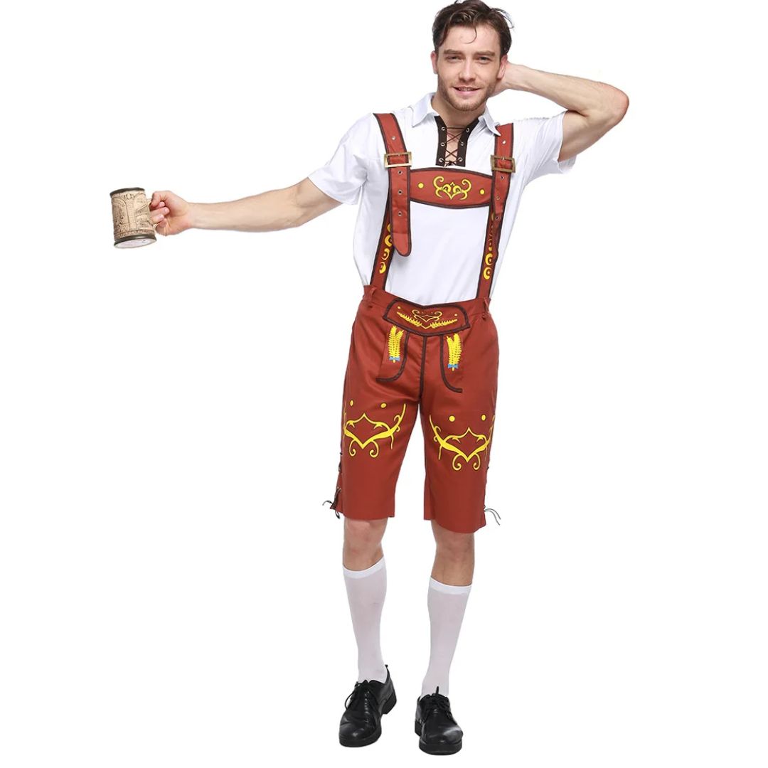 Mann in Lederhose mit Bierkrug, bayerische Tracht, Oktoberfest, braun, traditionell, weißes Hemd.