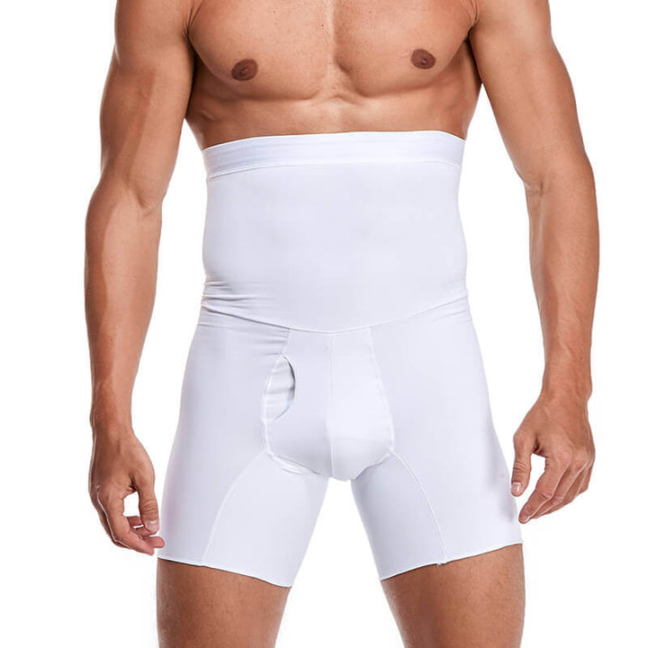 Herren Shapewear Boxershorts, weiß, nahtlos, hoher Bund, Bauchkontrolle, elastisch.