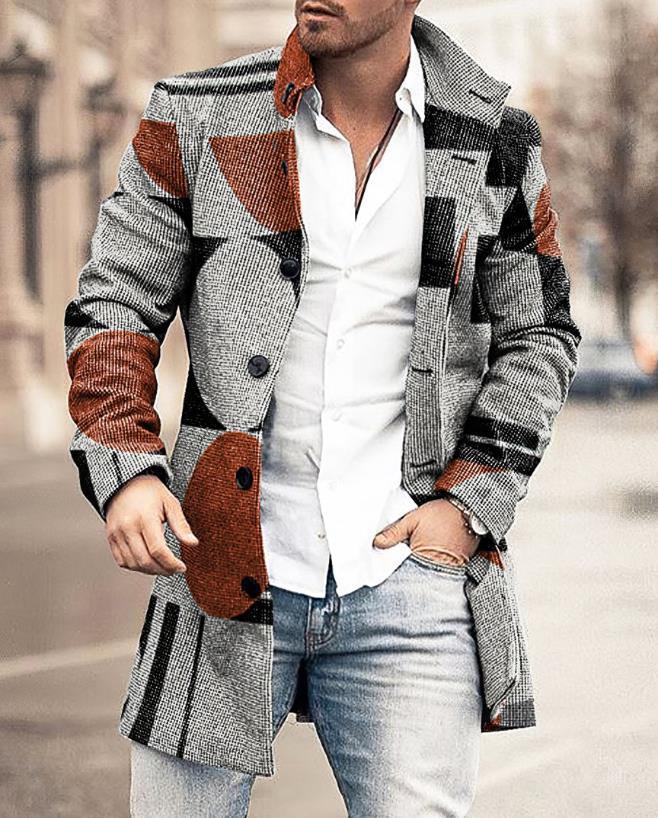 Graue Herrenjacke mit Karomuster, winddicht, modisch, Herbstmode, Baumwolle, Knöpfe.