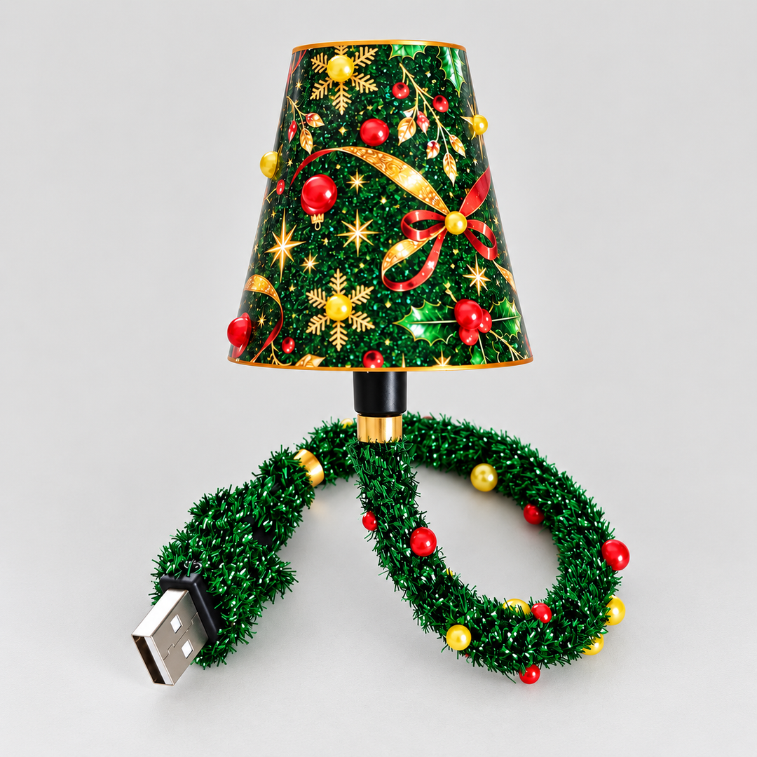 Lampa se zeleným stínidlem s vánočním vzorem a flexibilním třpytivým stonkem s ozdobnými kuličkami, zakončeným USB konektorem, na světlém pozadí. 1