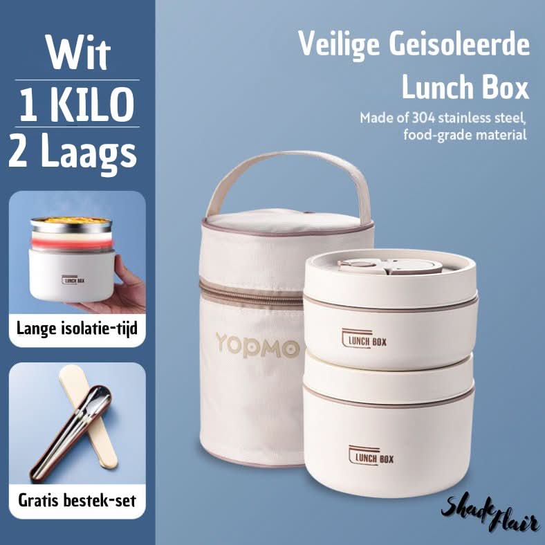 Weiße isolierte Lunchbox-Set, Edelstahl, 2-lagig, mit Besteck, tragbar, lebensmittelecht.