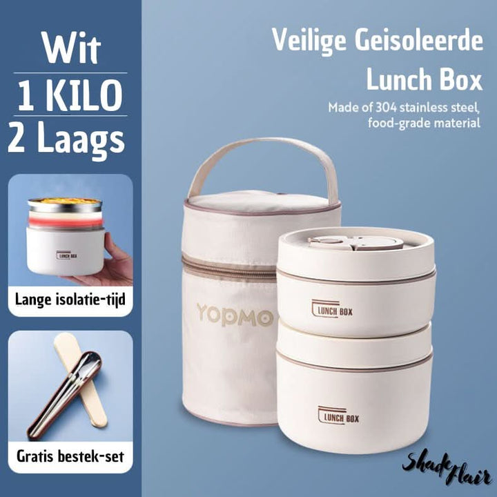 Weiße isolierte Lunchbox-Set, Edelstahl, 2-lagig, mit Besteck, tragbar, lebensmittelecht.