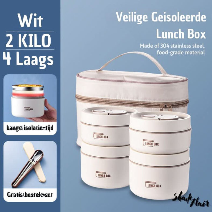Weiße isolierte Lunchbox-Set, Edelstahl, 4-lagig, mit Tragetasche, 2 Kilo Kapazität.
