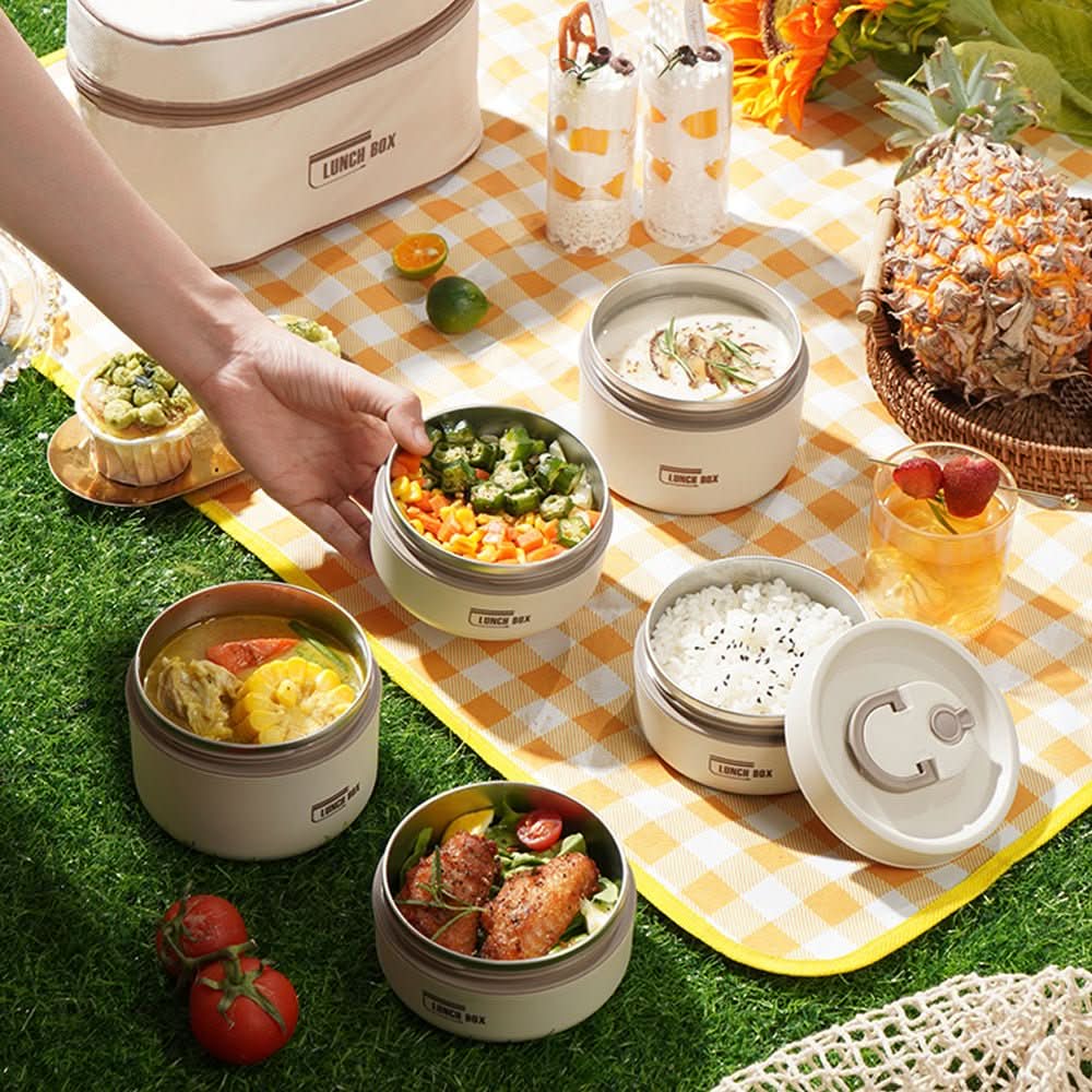 Tragbare isolierte Lunchbox-Set, beige, Picknick, Lebensmittelbehälter, stapelbar, auslaufsicher.