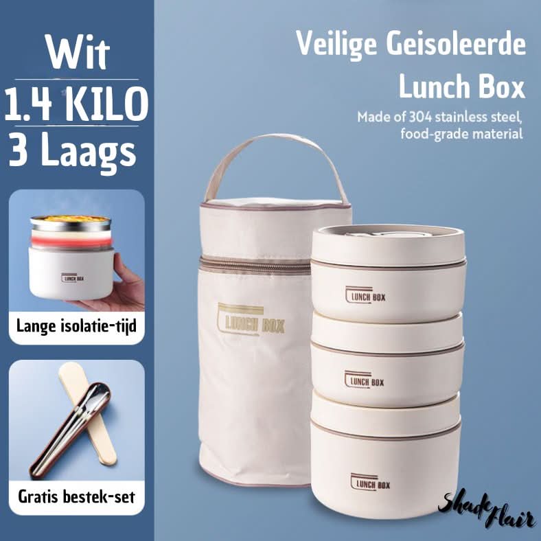 Weiße isolierte Lunchbox-Set, 3-lagig, Edelstahl, 1,4 kg, mit Besteck, tragbar.