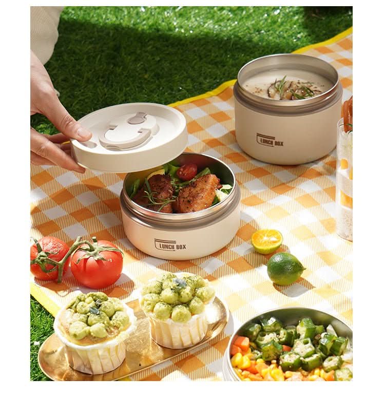 Tragbare isolierte Lunchbox-Set, beige, Picknick, Lebensmittelbehälter, umweltfreundlich.
