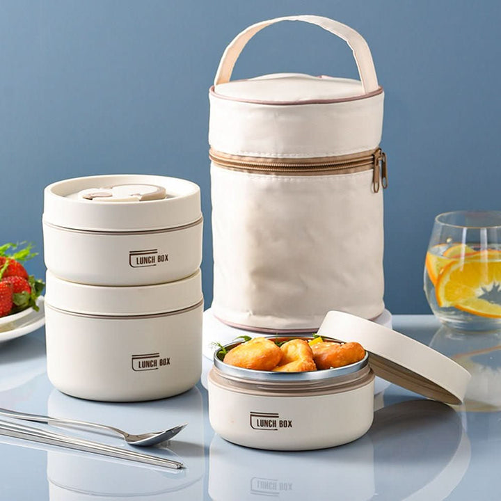 Tragbare isolierte Lunchbox-Set, weiß, stapelbar, mit Tasche, ideal für Mahlzeiten unterwegs.