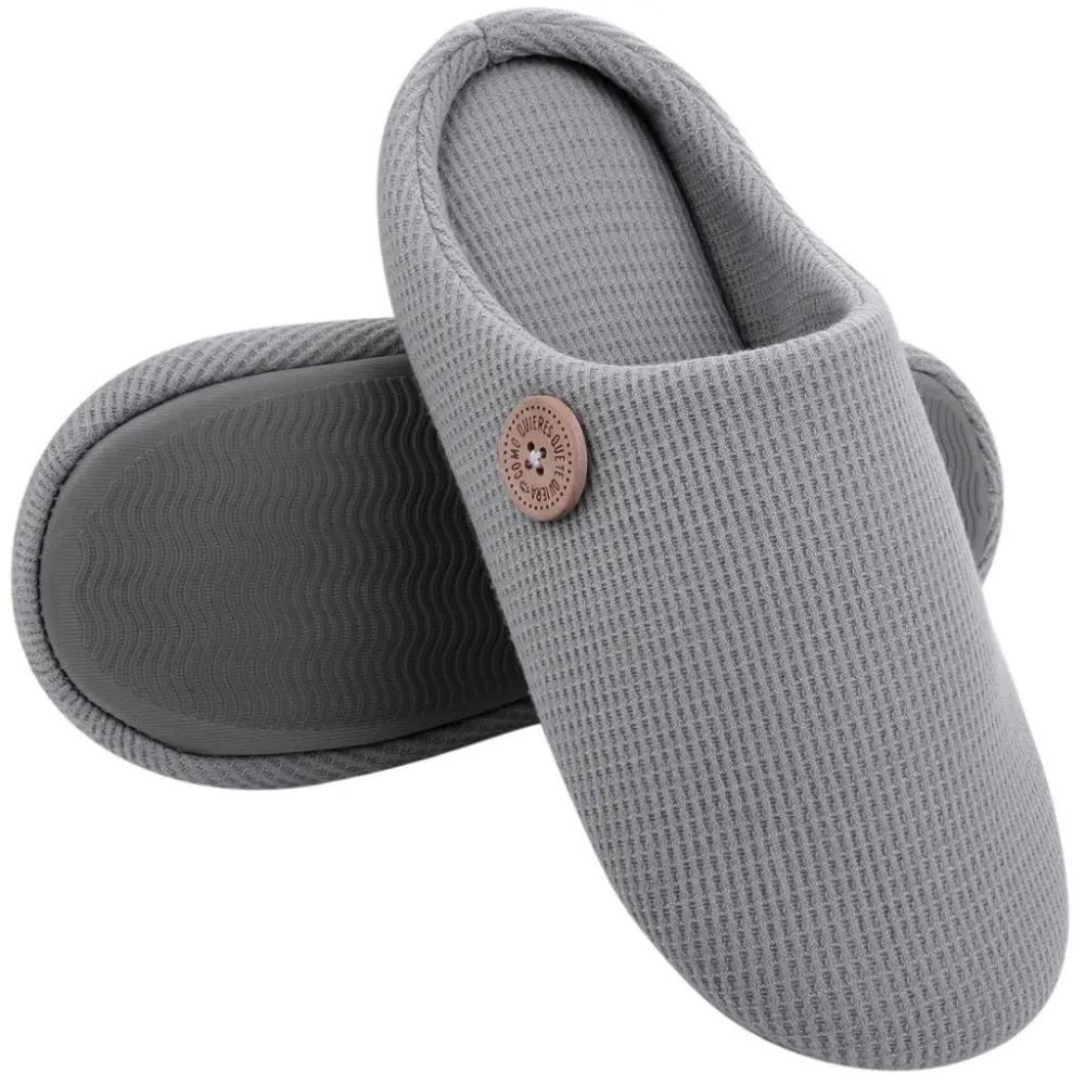 Graue Memory-Foam-Hausschuhe, rutschfest, bequem, für Damen und Herren.