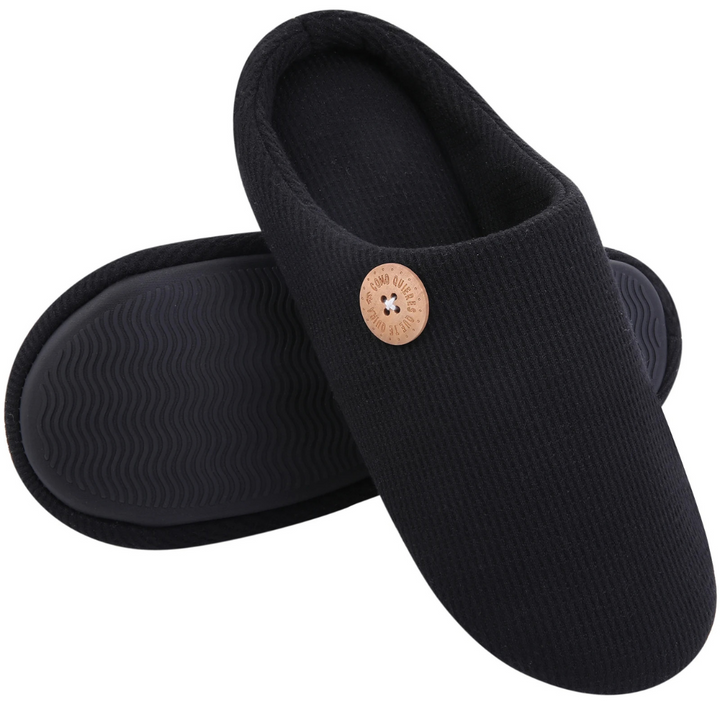 Schwarze Memory-Foam-Hausschuhe, rutschfeste Sohle, bequem, Unisex, Baumwolle.