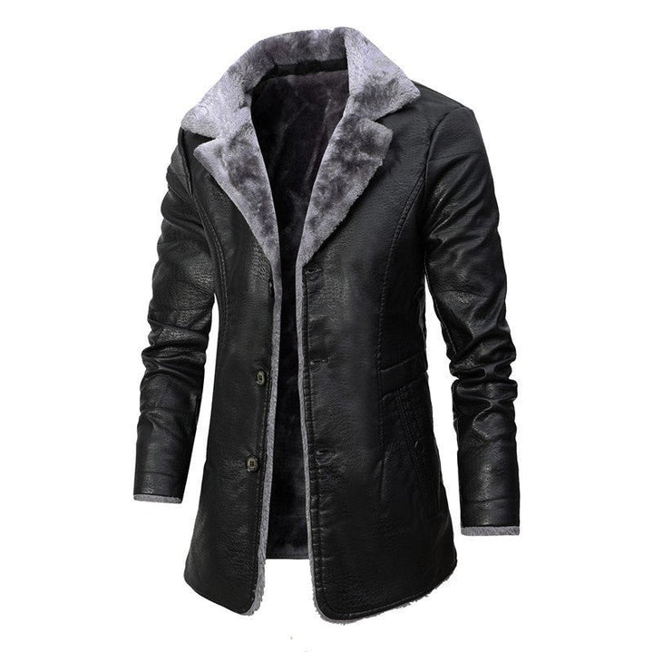 Schwarzer Herren-Wintermantel aus Leder mit grauem Kunstfellkragen, stilvoll und warm.