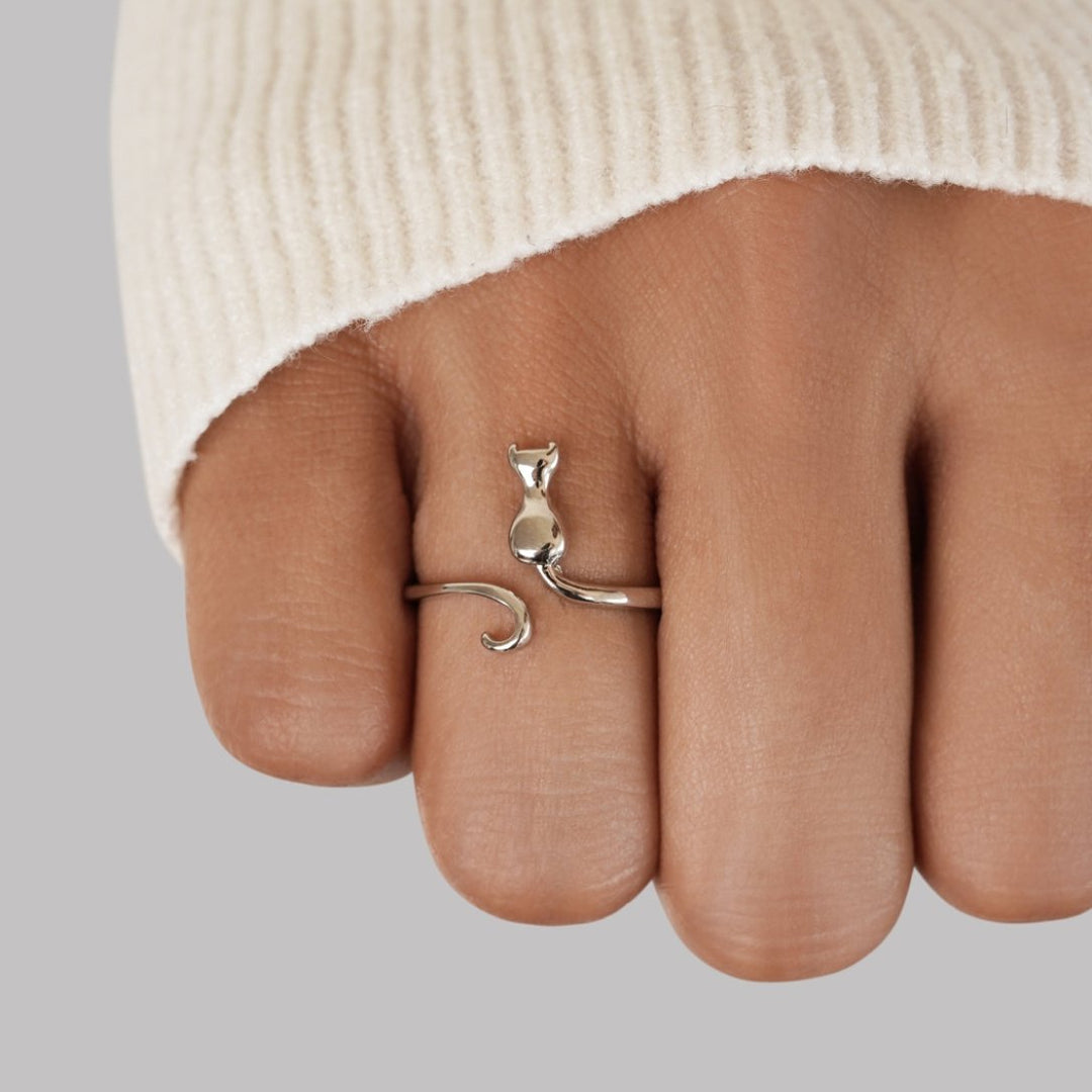 Silberner Katzenring, verstellbar, Damen, modisch, Hand, Schmuck, Geschenk, elegant.