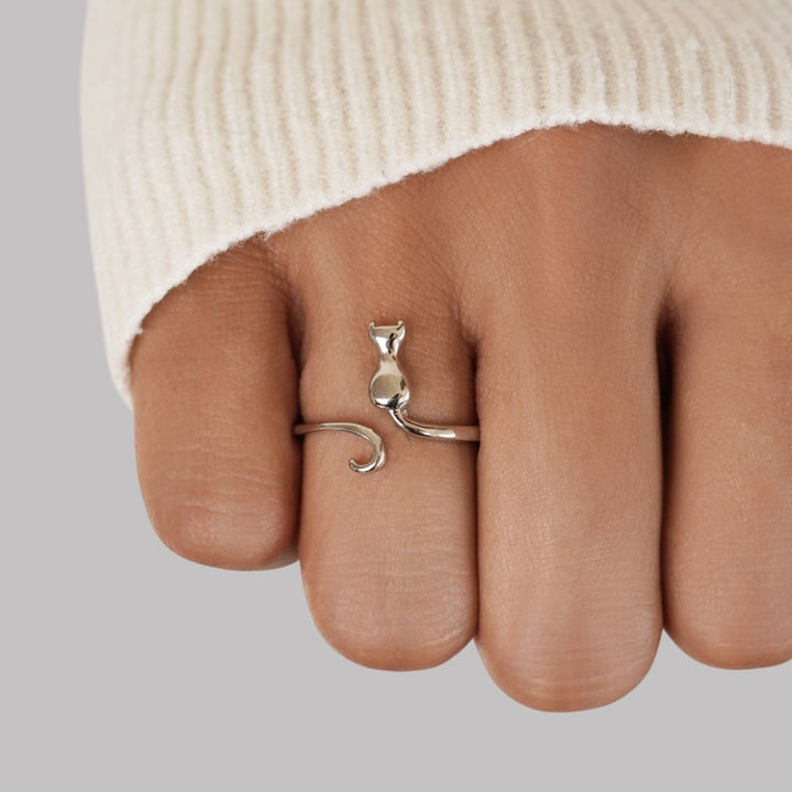 Silberner Katzenring, verstellbar, Damen, modisch, Hand, Schmuck, Geschenk, elegant.