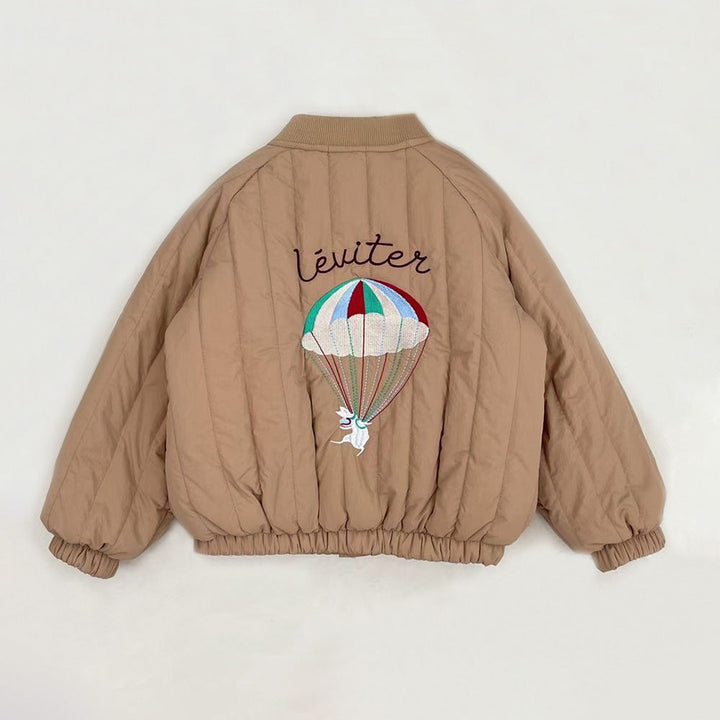 Beige Kinderjacke mit Fallschirm-Stickerei, gesteppt, Baumwolle, modisch, warm.
