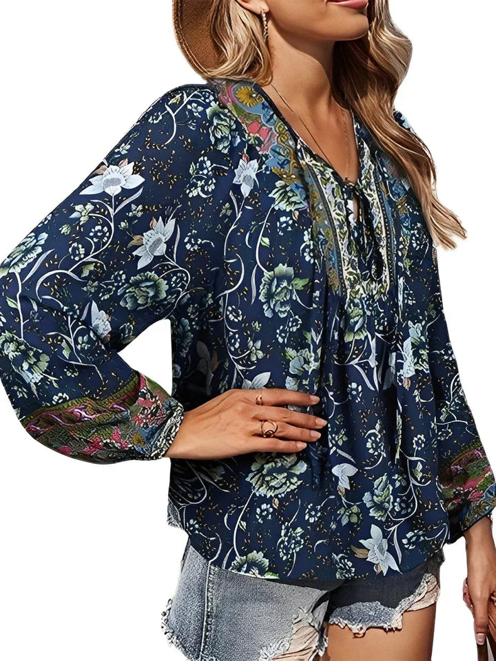 Vintage Boho podzimní blůza s květinovým potiskem a dlouhými rukávy – Sana