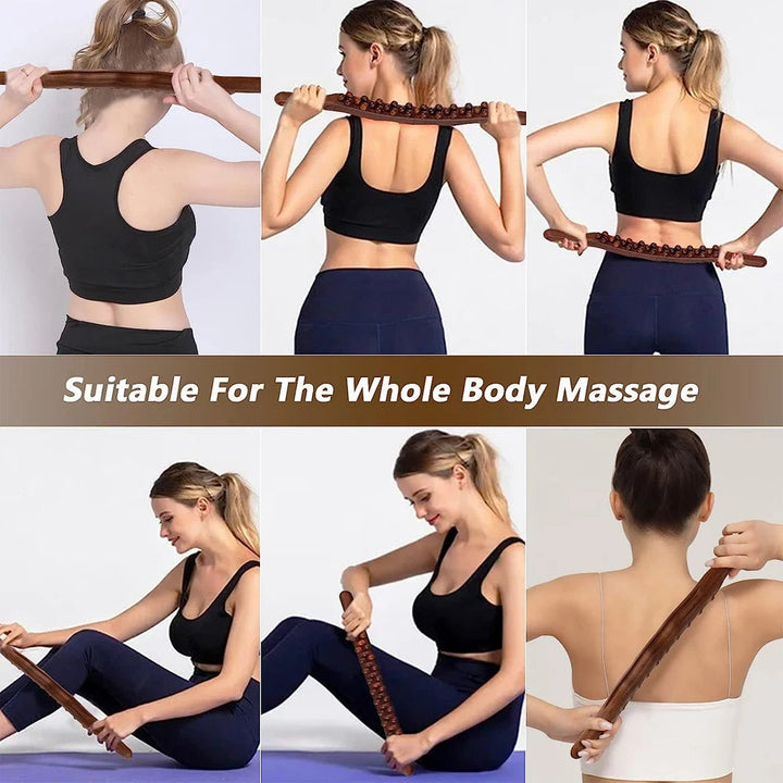 Frau mit Holz-Massageroller, Ganzkörpermassage, Fitness, Entspannung, Muskelentspannung.