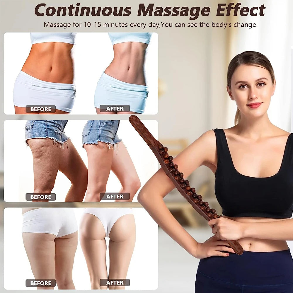 Frau mit Massagestab, Vorher-Nachher-Bilder, Cellulite-Reduktion, Körperformung, Fitness.