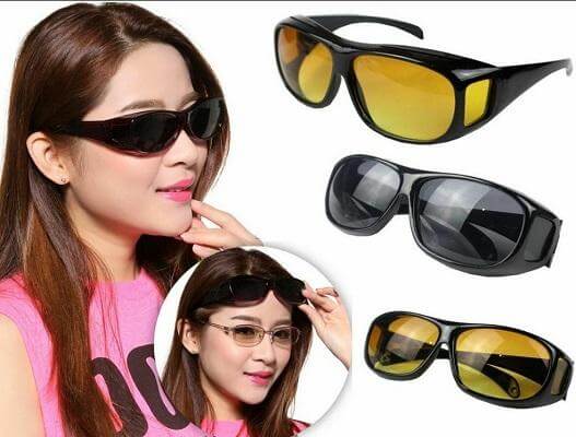 Frau mit Nachtsichtbrille, gelbe Gläser, schwarz, modisch, Autofahren, Nachtfahrbrille.