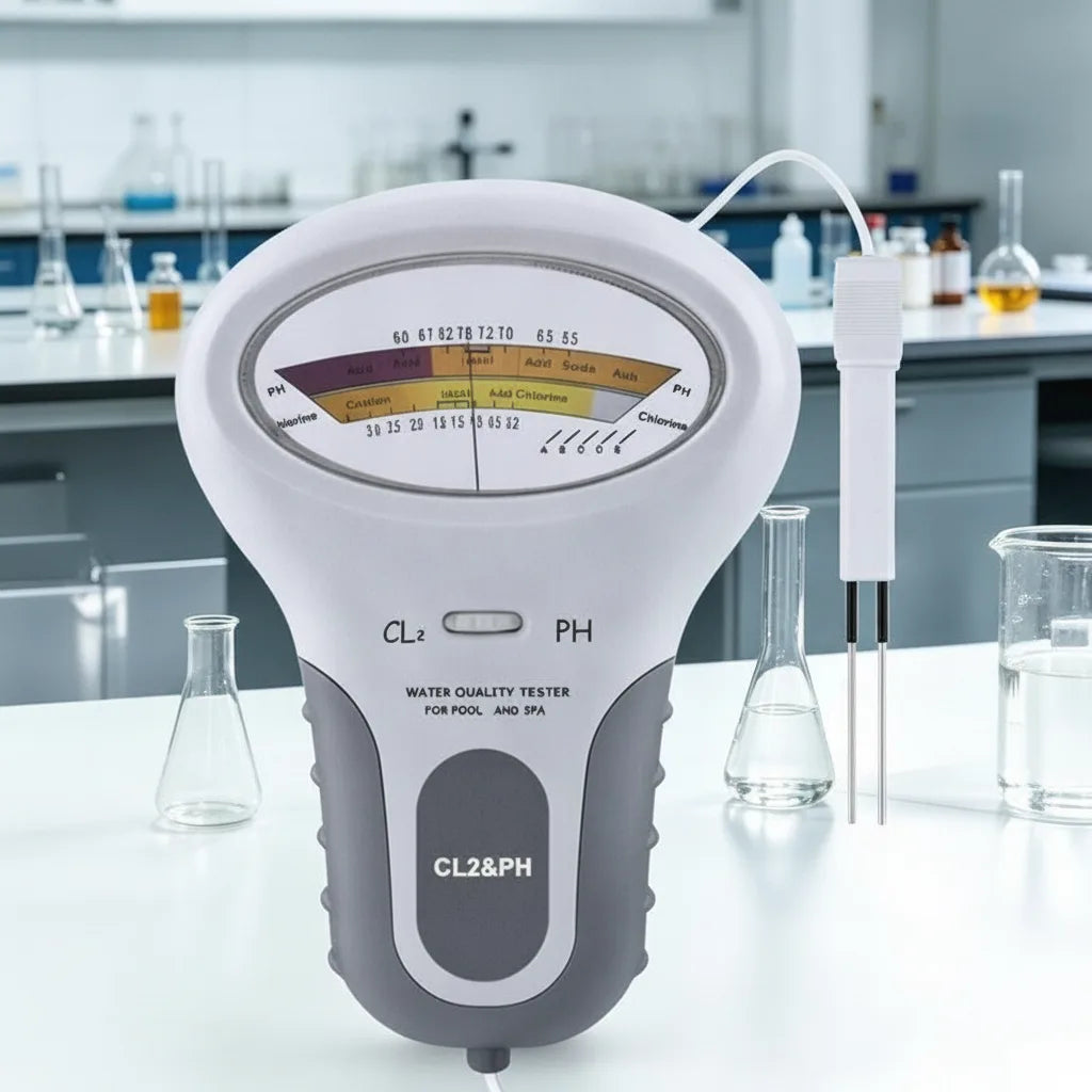 Tester s číselníkem a sondou na laboratorním stole mezi skleněnými kádinkami a baňkami. 5