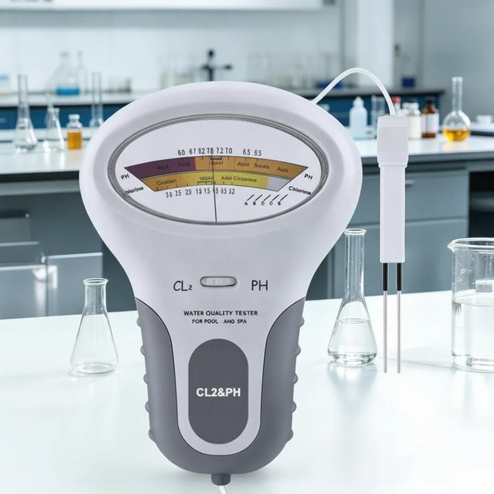 Tester s číselníkem a sondou na laboratorním stole mezi skleněnými kádinkami a baňkami. 5