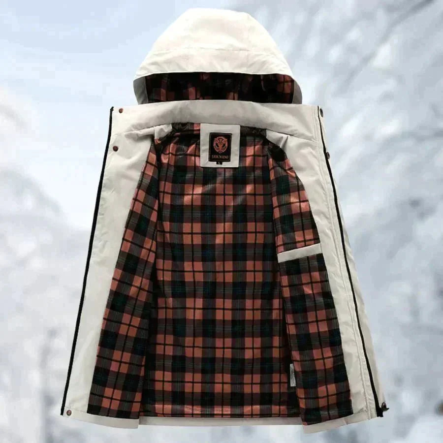 Wasserdichte Jacke, Titan, kariertes Innenfutter, Kapuze, Outdoor-Bekleidung, weiß.