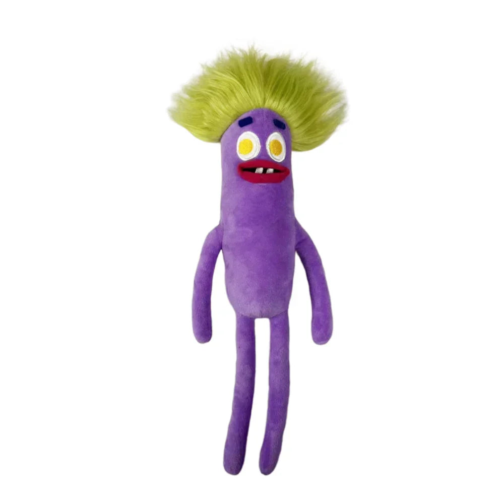 Lila Plüschfigur mit gelbem Haar, lustiges Design, Kinder-Spielzeug, Geschenkidee.