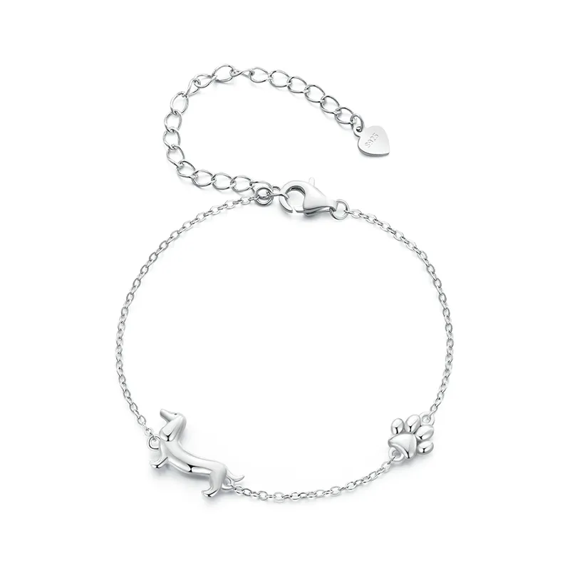 Silberarmband mit Dackelmotiv und Pfotenanhänger, Damen-Schmuck, verstellbar, Geschenkidee.