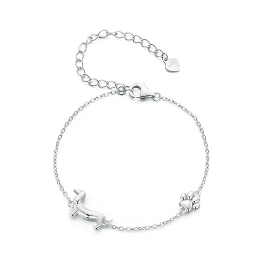 Silberarmband mit Dackelmotiv und Pfotenanhänger, Damen-Schmuck, verstellbar, Geschenkidee.