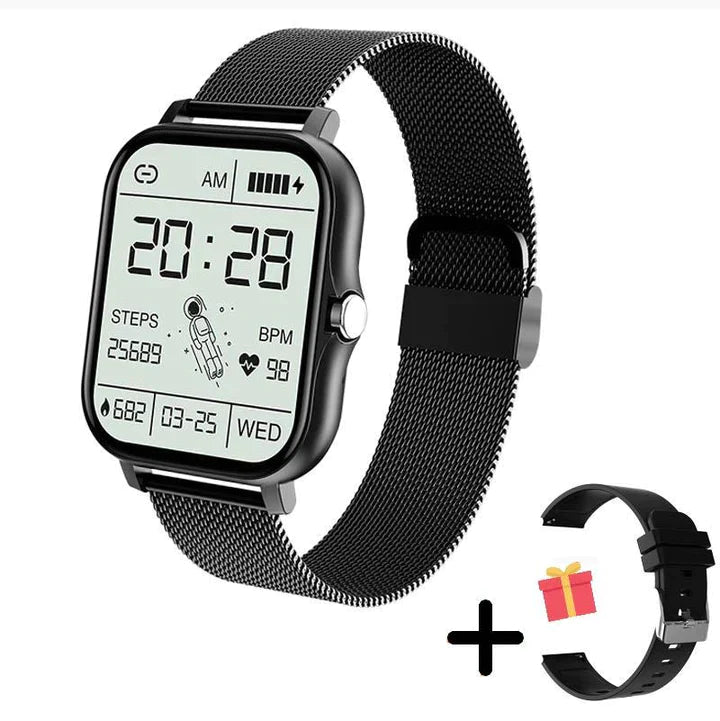 Schwarze Smartwatch mit Metallarmband, Fitness-Tracker, Herzfrequenzmesser, Geschenkarmband.