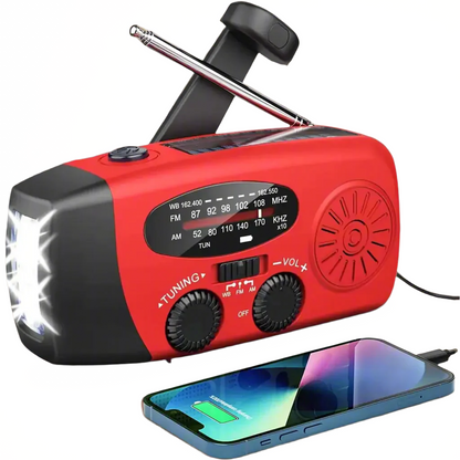Rotes Notfallradio mit Handkurbel, Solarpanel, AM/FM, LED-Licht, USB-Anschluss.