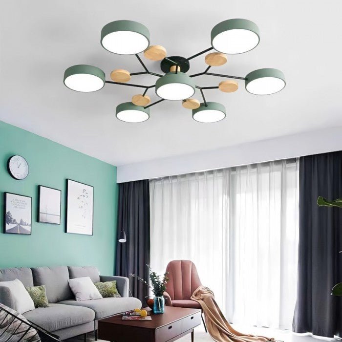 Moderne LED-Deckenleuchte, grün, skandinavisches Design, Wohnzimmer, energieeffizient.
