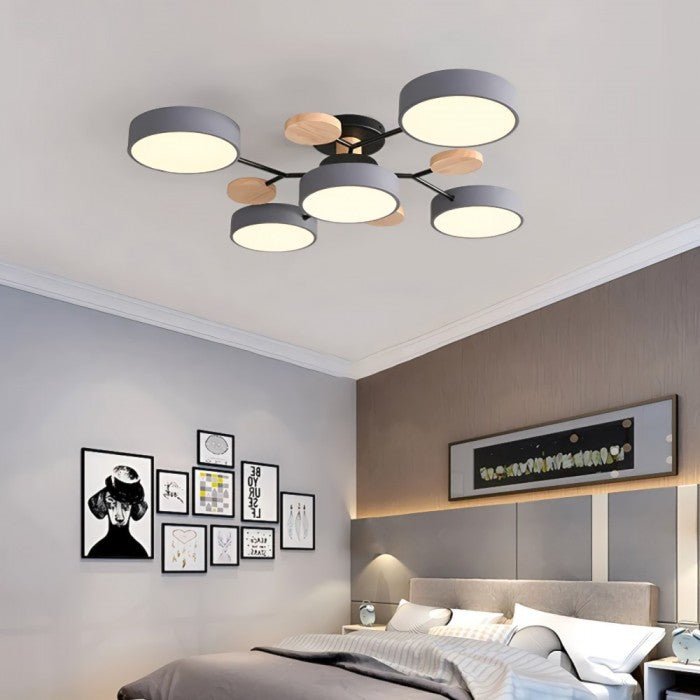 Moderne LED-Deckenleuchte, nordisches Design, schwarz-grau, Holzdetails, Wohnzimmerbeleuchtung.