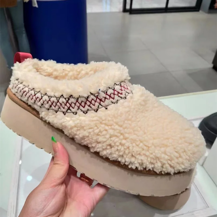 Off-White Damen-Pantoffel, cremefarben, Plüsch, Plateau, bestickter Rand, modisch, bequem.