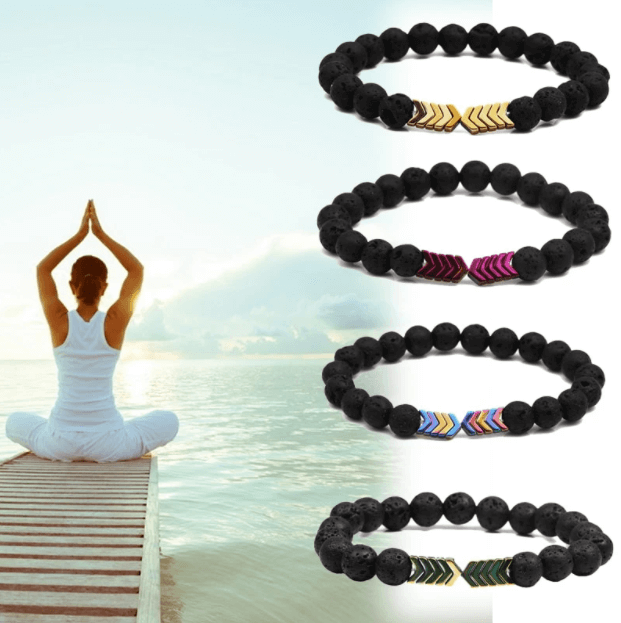 Schwarzes Lavastein-Armband mit Pfeil-Design, Aromatherapie, verstellbar, für Meditation.