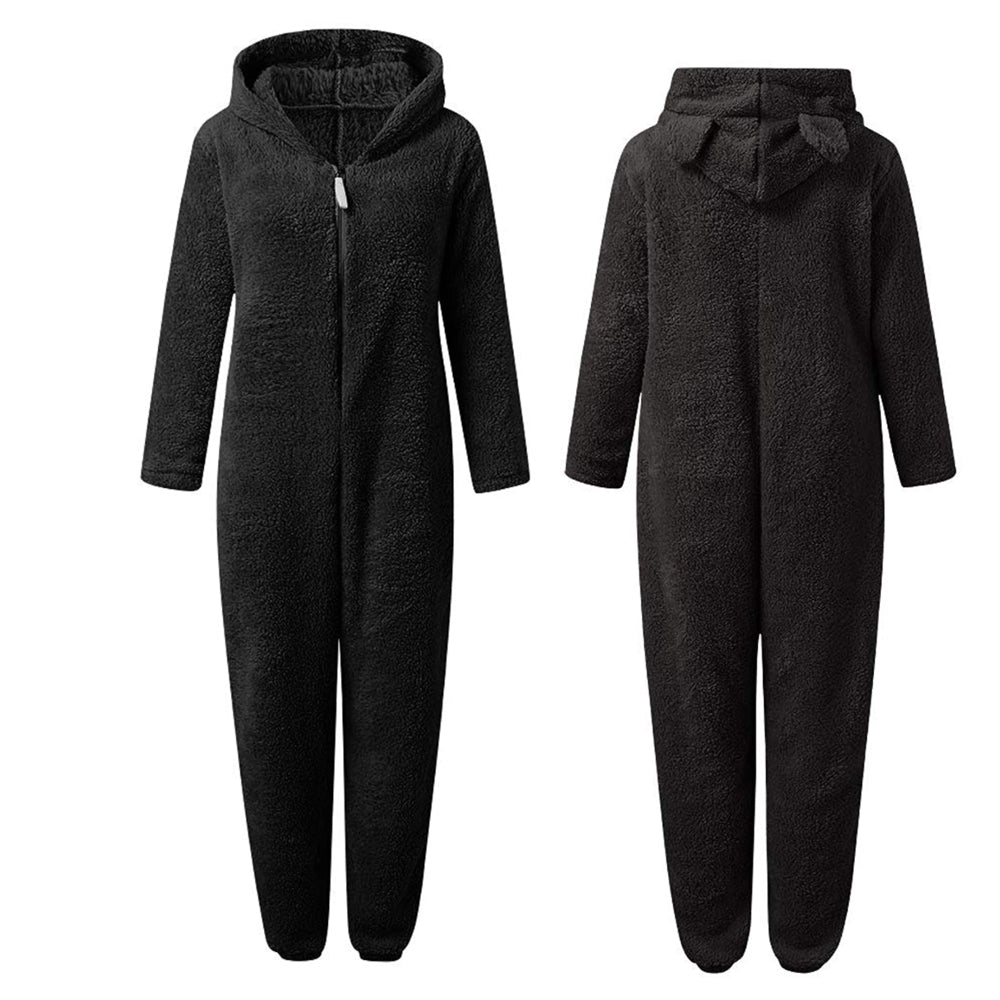 Schwarzer Fleece-Overall mit Kapuze, langärmelig, gemütlich, Einteiler für Damen.