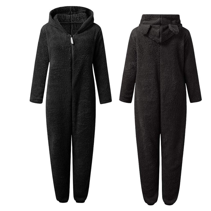 Schwarzer Fleece-Overall mit Kapuze, langärmelig, gemütlich, Einteiler für Damen.