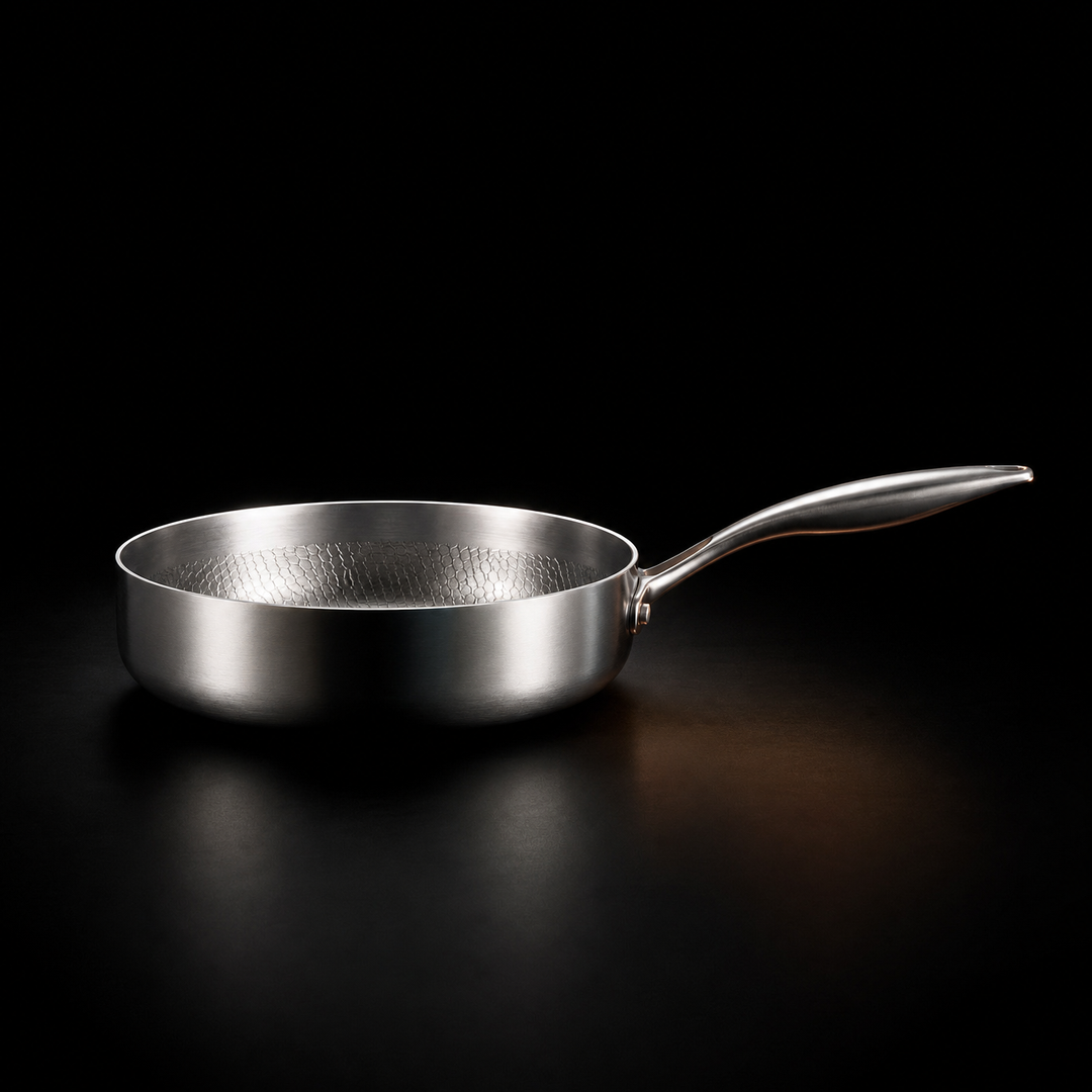 Pánev z boku na černém pozadí, vidět vysoké okraje a kovová dlouhá rukojeť 2
