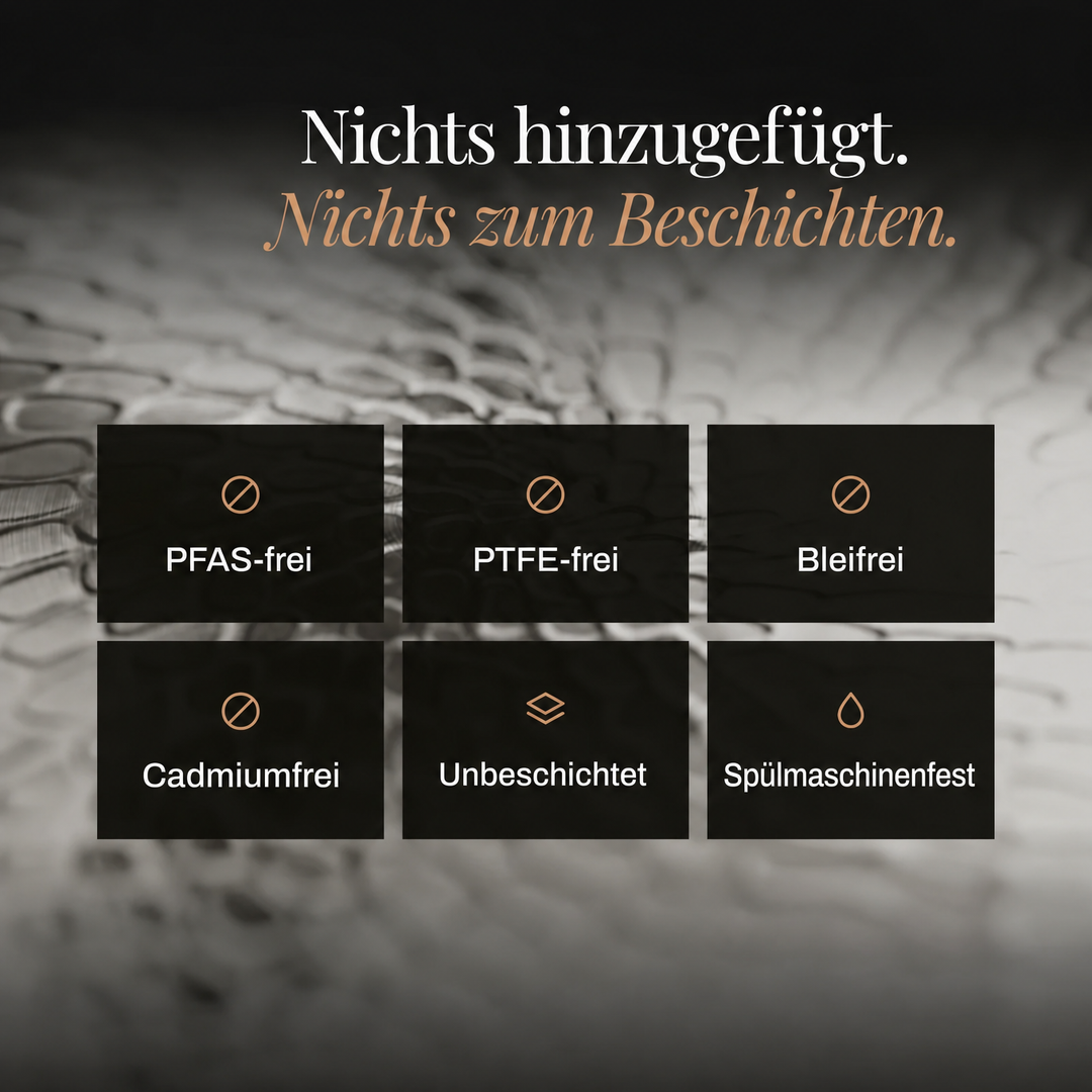 Grafika s rozmazaným detailem kovového povrchu a šesti ikonami vlastností: bez PFAS, bez PTFE, bez olova, bez kadmia, bez povrchové vrstvy, do myčky. 7