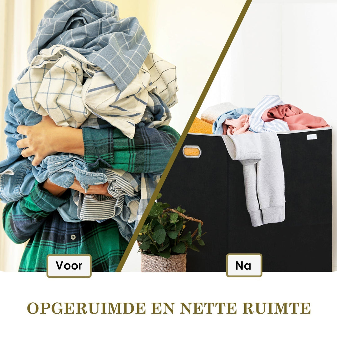 Person hält Wäsche, daneben gefüllter Wäschekorb, Text: "Opgeruimde en nette ruimte".