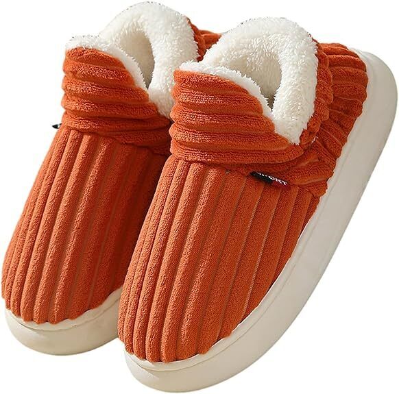 Orange Hausschuhe mit Plüschfutter, rutschfest, warm, bequem, für Damen und Herren.