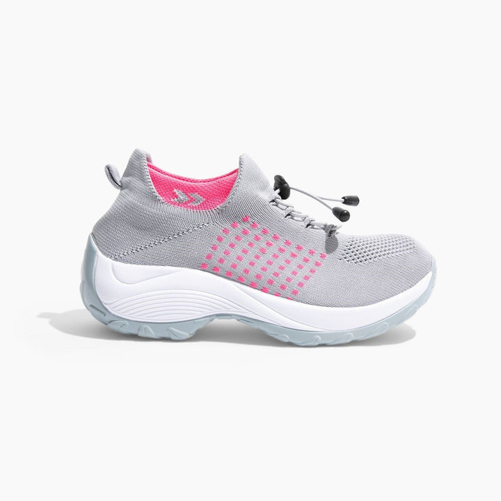 Graue Orthopädische Stretch-Schuhe mit rosa Akzenten, bequemes Design, Damen Sneaker.