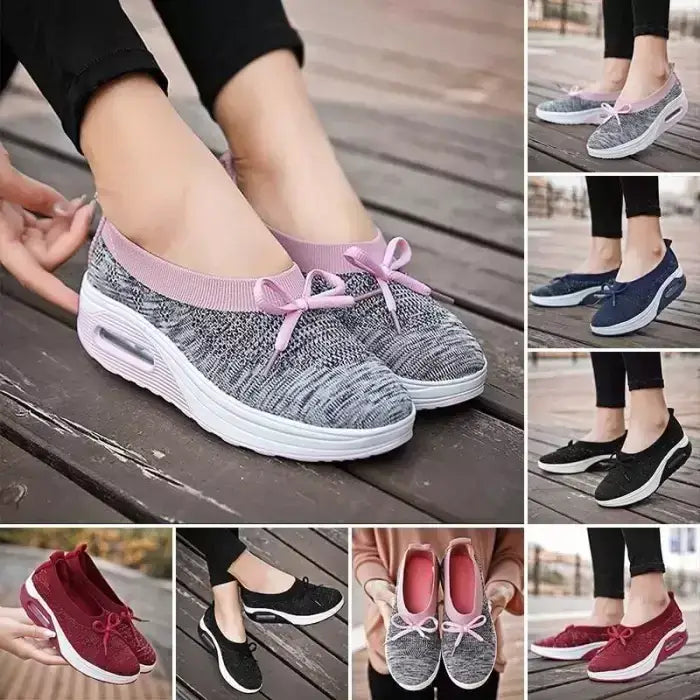 Damen orthopädische Schuhe, grau, rosa Schleife, atmungsaktiv, bequem, rutschfest.