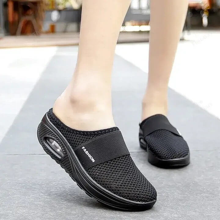 Schwarze orthopädische Schuhe, atmungsaktiv, rutschfest, für Damen, bequeme Passform.