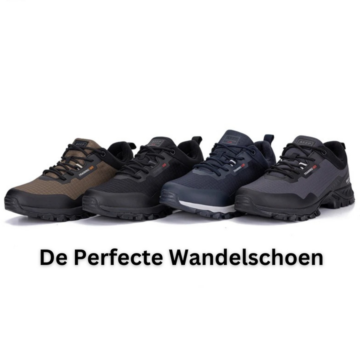 Vier Paar Outdoor-Wanderschuhe, verschiedene Farben, rutschfeste Sohle, ideal für Trekking.