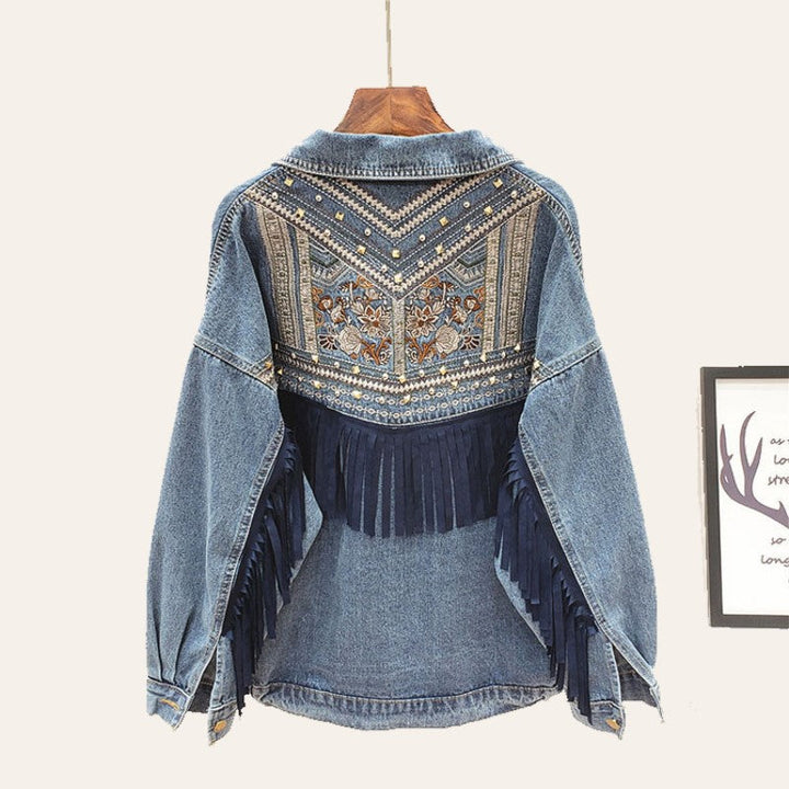 Damen Oversized Jeansjacke mit Fransen und Blumenmuster, blau, modisch, lässig.