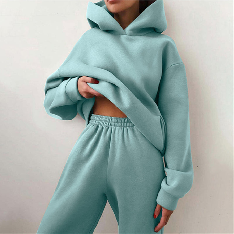 Damen Oversize Trainingsanzug, mintgrün, Kapuzenpullover und High-Waist-Hose, bequem, modisch.