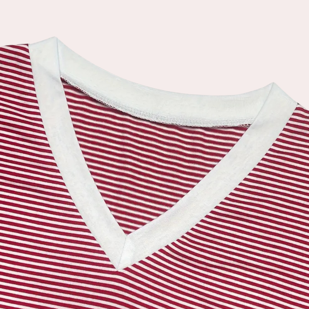 Rot-weiß gestreiftes V-Ausschnitt T-Shirt, Baumwolle, modisch, bequem, Freizeitkleidung.