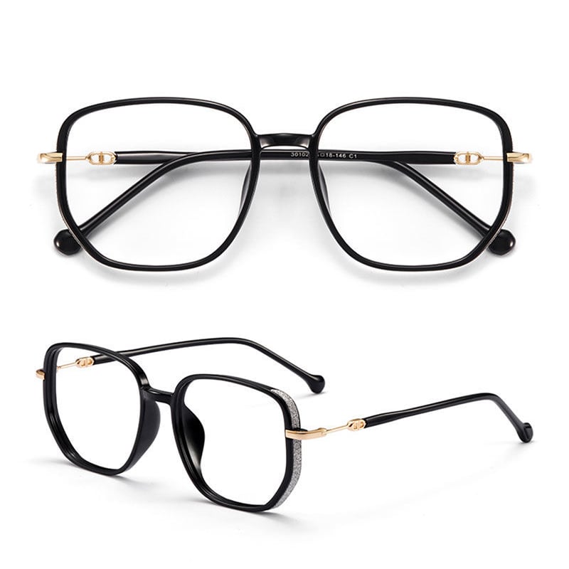 Stilvolle schwarze Anti-Blaulicht-Lesebrille, quadratisches Design, goldene Details.